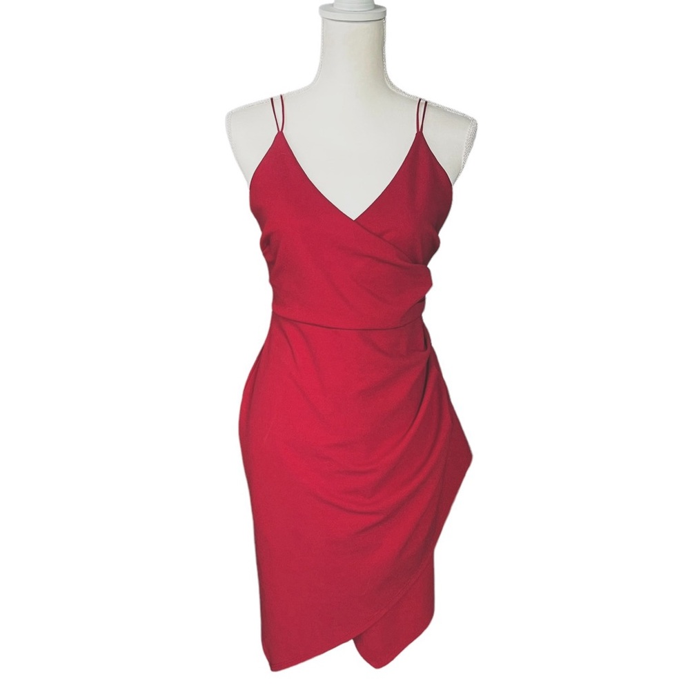 Windsor Faux Wrap Lace-Up Back Asymmetrical Dress | Size Large